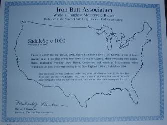 Iron Butt Saddlesore Certificate